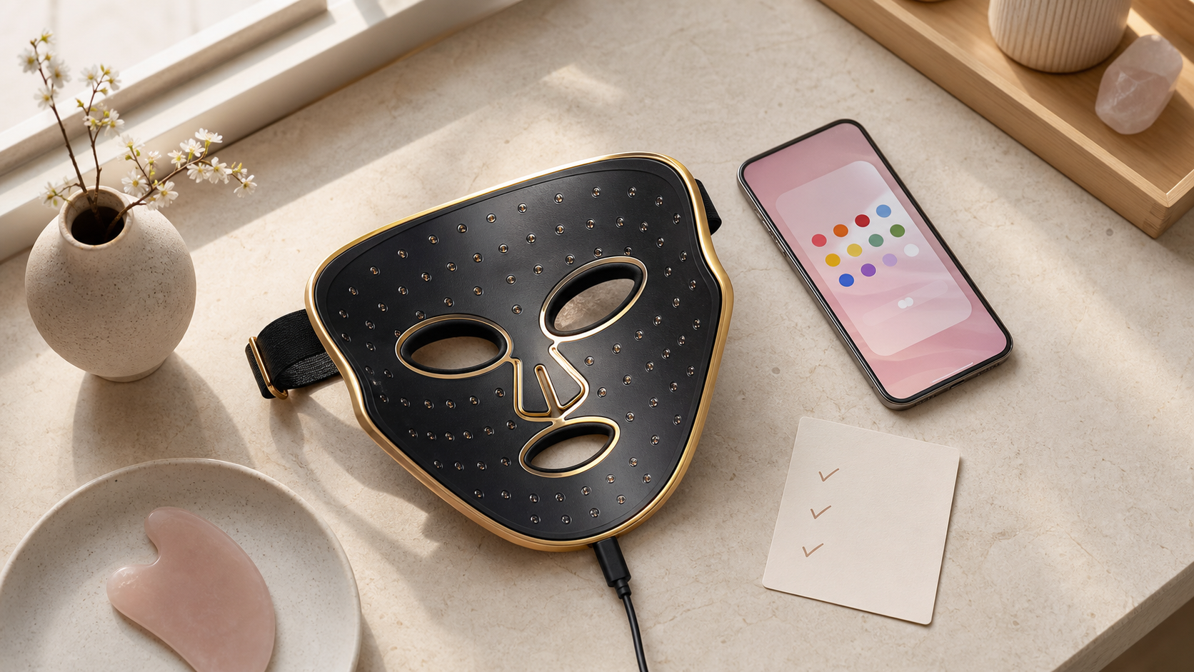 金色のLEDフェイスマスク型美容機器とスマートフォンを並べた購入前確認イメージ